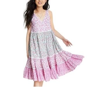 LoveShackFancy Pink Floral Tiered Midi Dress